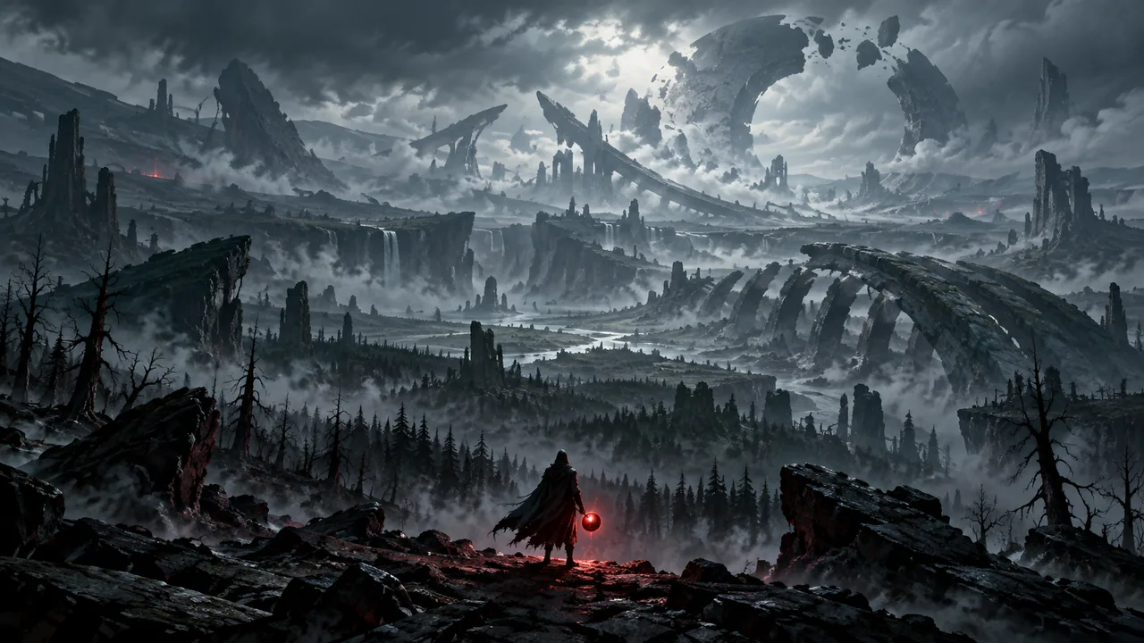 BloodLands: a lone wanderer with a glowing red globe above a ruined, fogbound wasteland