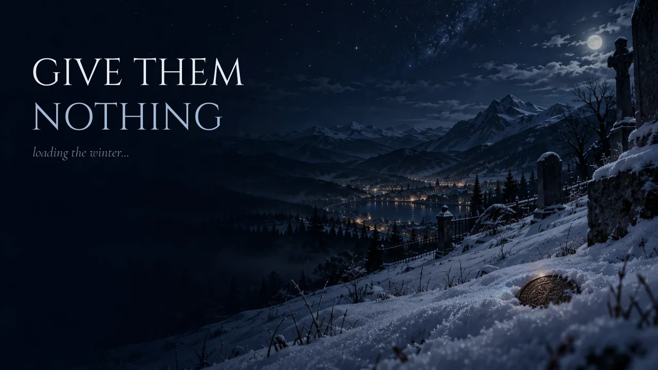 Give them Nothing: a moonlit snowbound valley with a lone coin in the snow