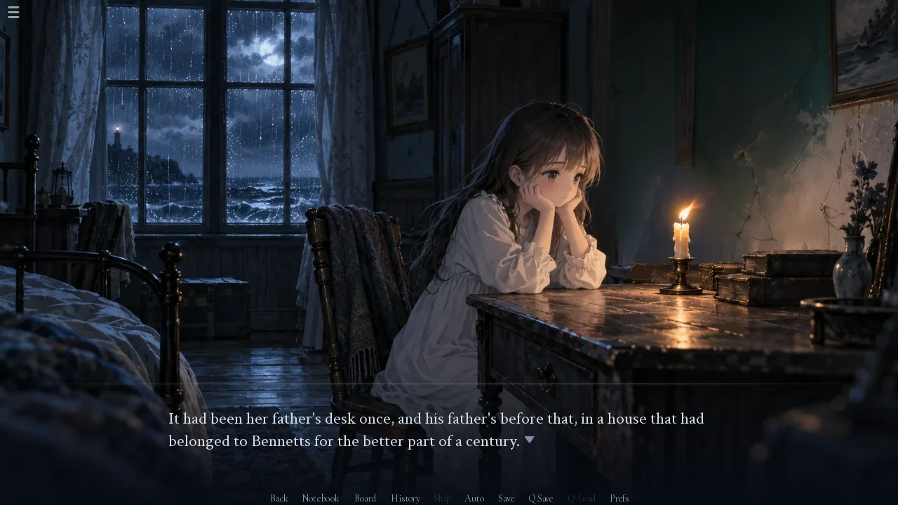Give them Nothing: a girl at a candle-lit desk in a rain-streaked bedroom, chin in her hand