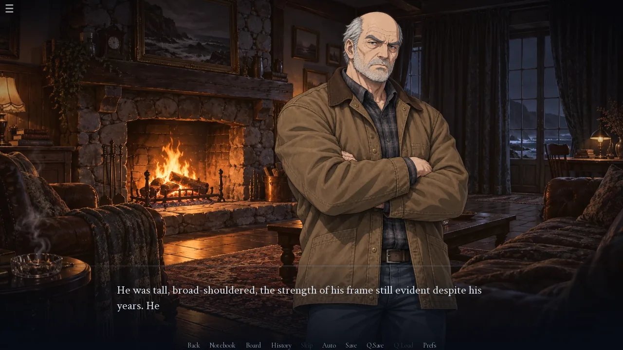 An old man in a work jacket beside a roaring fireplace, a girl in a pale dress at his side