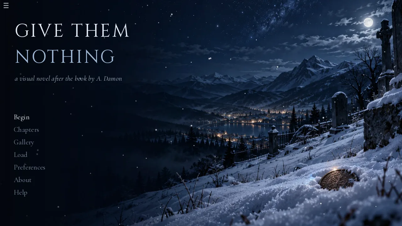 The Give them Nothing main menu over a moonlit, snowbound valley