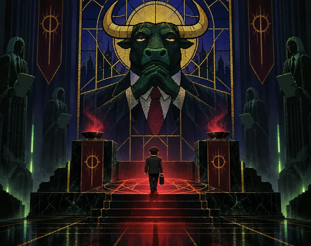 ICCAID: a man with a briefcase climbing steps toward a stained-glass bull-headed executive