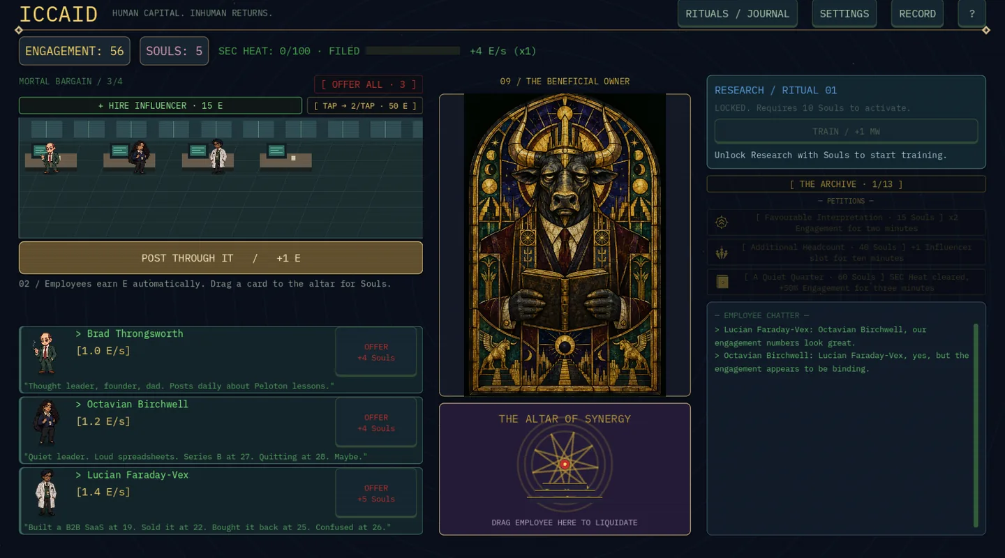 The ICCAID game screen: employees at their desks, a stained-glass bull-headed executive and the Altar of Synergy