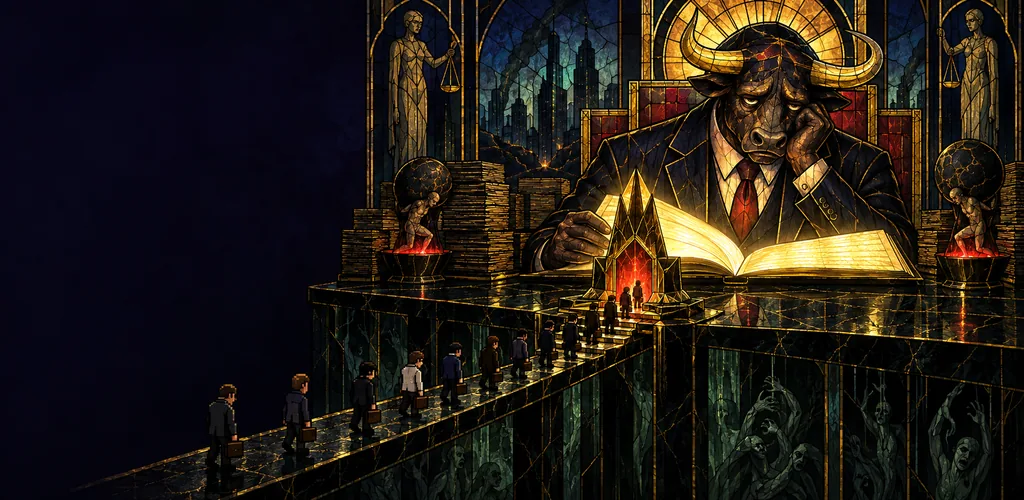Key art: small figures climbing steps toward a stained-glass bull-headed executive who reads a glowing book