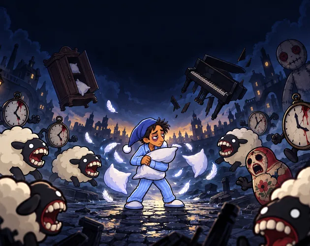 Insomnia: a sleepless man in pyjamas swinging a pillow at monstrous sheep and clocks
