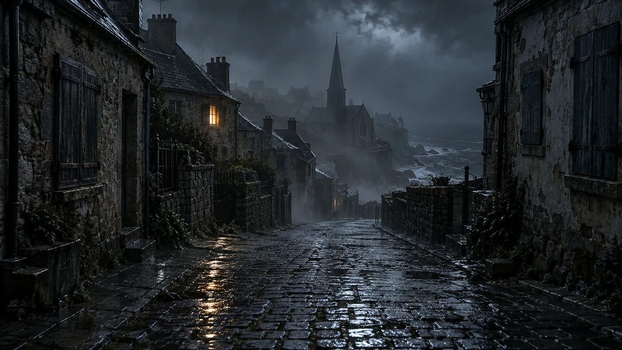 Last Seen Playable Teaser: a wet cobbled lane in a fogbound village, a church spire in the distance