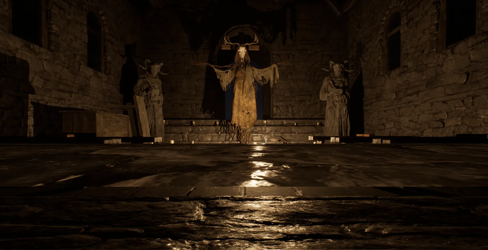 In-game capture: an antlered, ragged effigy before an altar, flanked by two horned statues in a candle-lit stone church