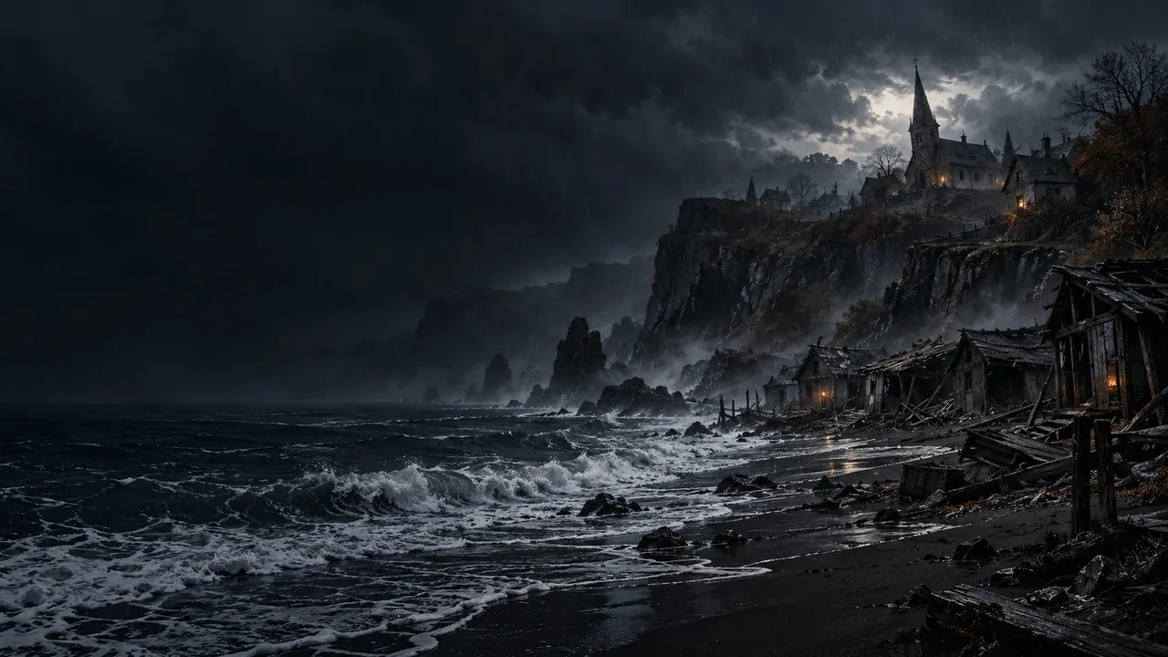 Last Seen: a storm-lashed coast below a hillside village and its church