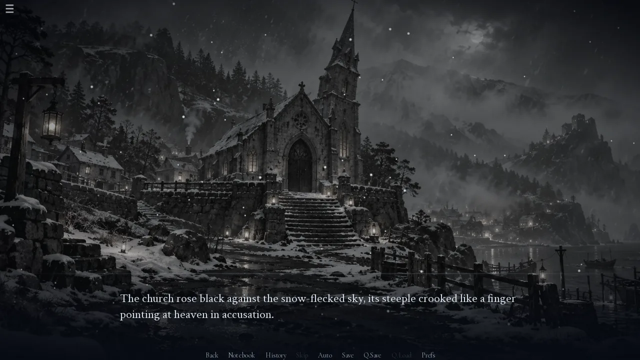 A black church on a snow-flecked hillside above Driftwood Bay