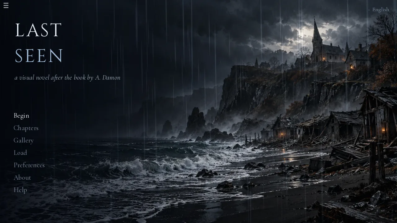 The Last Seen main menu: a storm-lashed coast below a hillside church