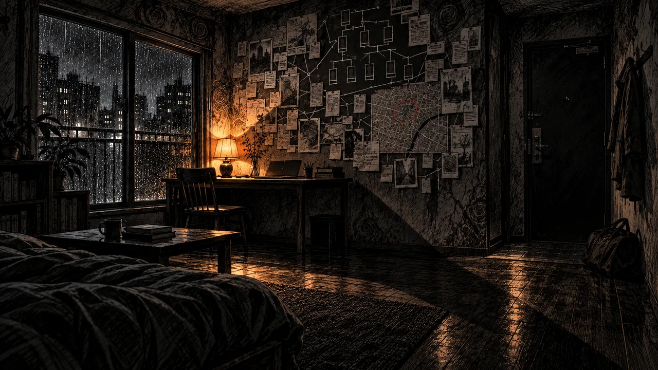 Markus: a rain-dark city flat with an investigation wall of photographs and maps
