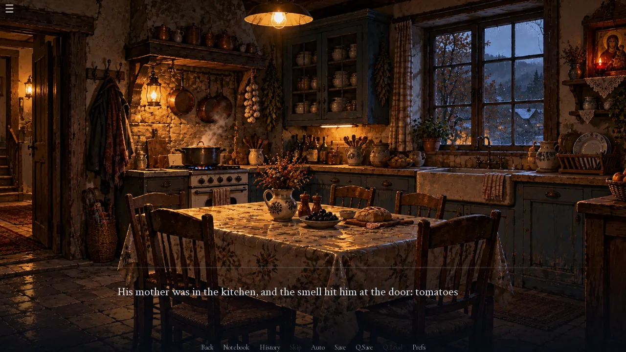 A warm family kitchen in lamplight, a table set for supper