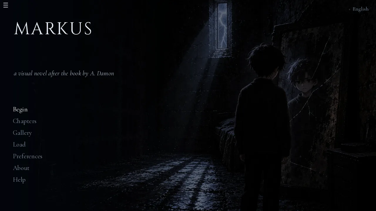 The Markus main menu: a boy in silhouette in a dark stone passage lit by a shaft of light