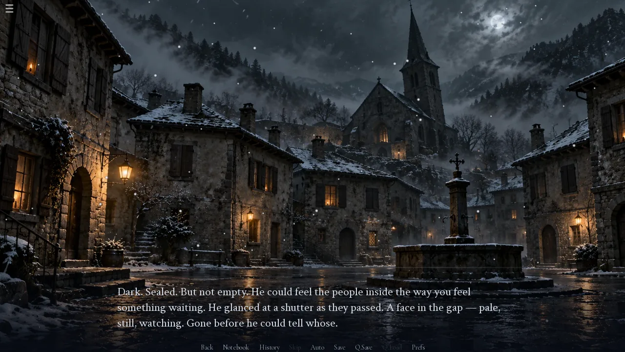 A snow-dusted village square at night with a church spire beyond the rooftops