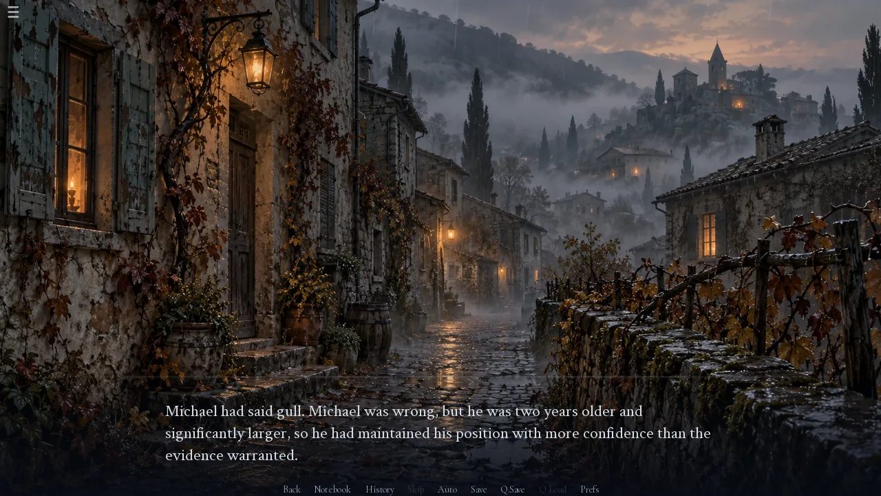 A fog-wrapped stone village lane at dusk, windows lit