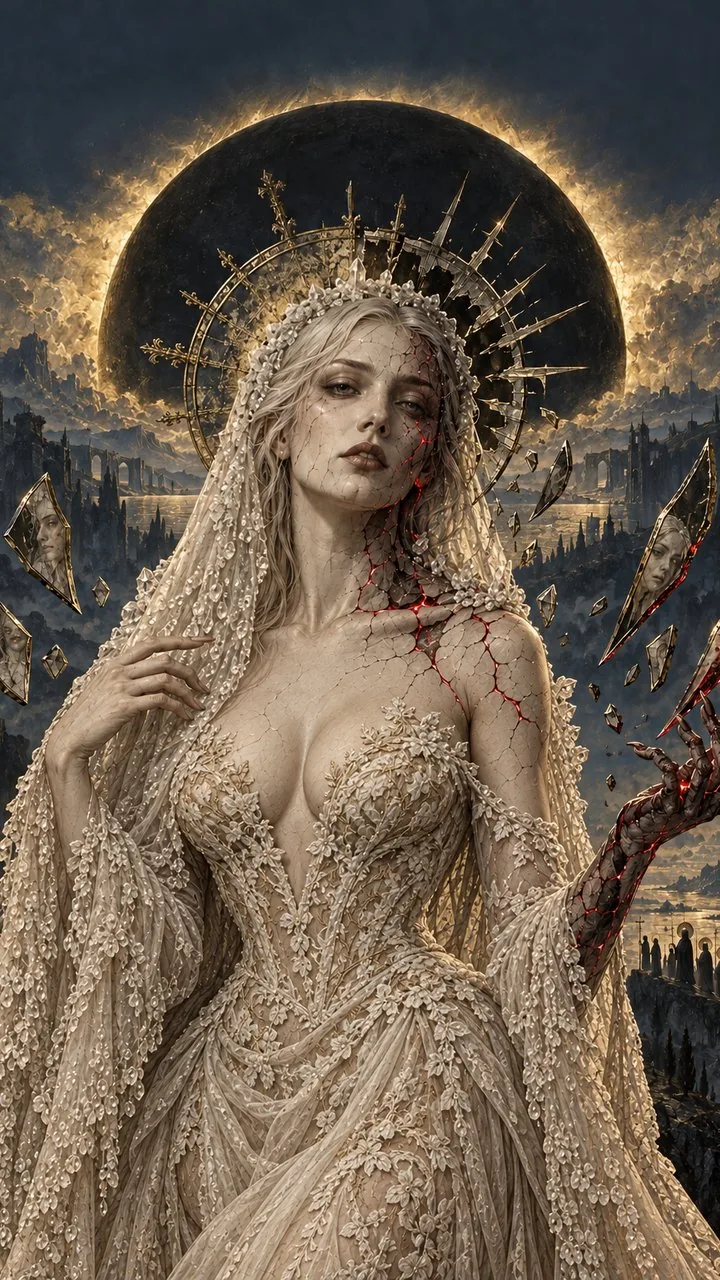 Reliquary: a veiled saint with cracked skin before a black sun