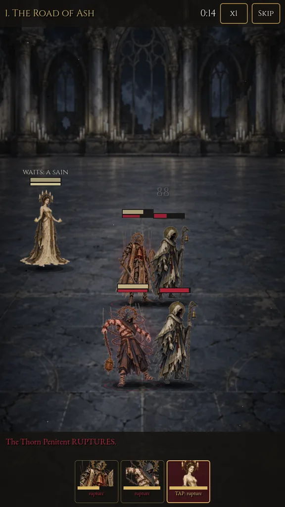 A saint ruptures mid-battle in a gothic hall