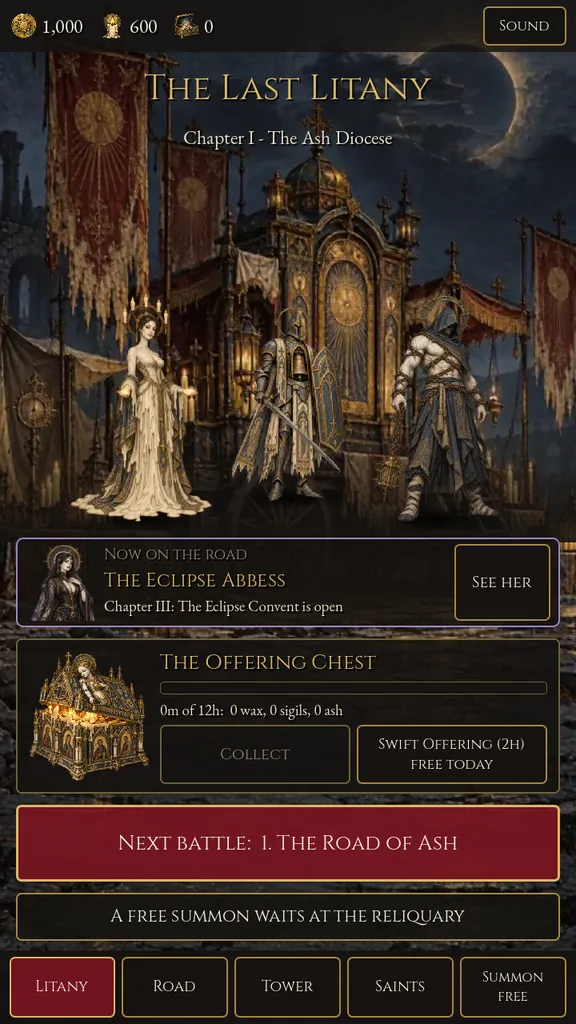 The home screen: three saints beside the procession wagon, with the next battle and an offering chest