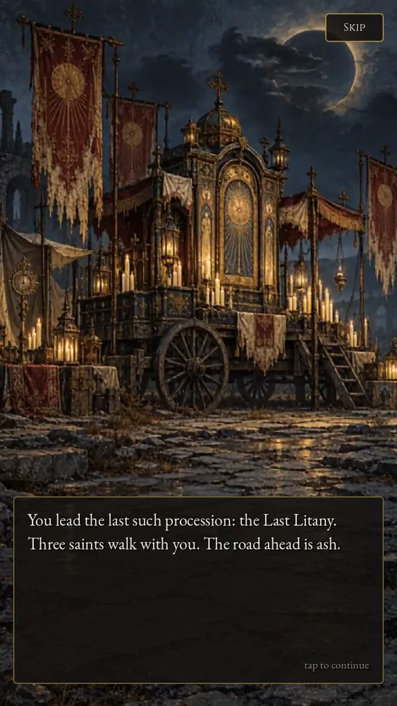 Intro: a candle-lit procession wagon under tattered banners, with the line: You lead the last such procession