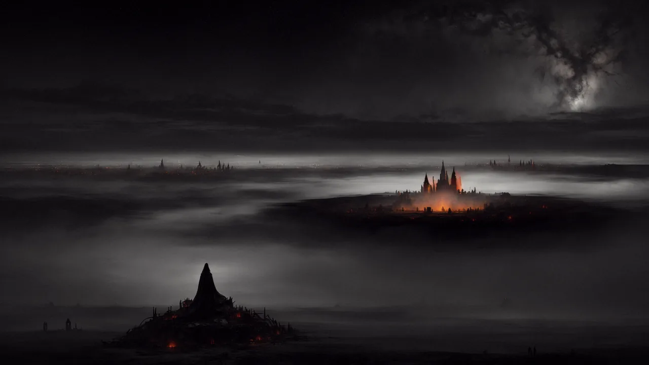 RoguePain: a cloaked figure on a mound before a distant burning citadel