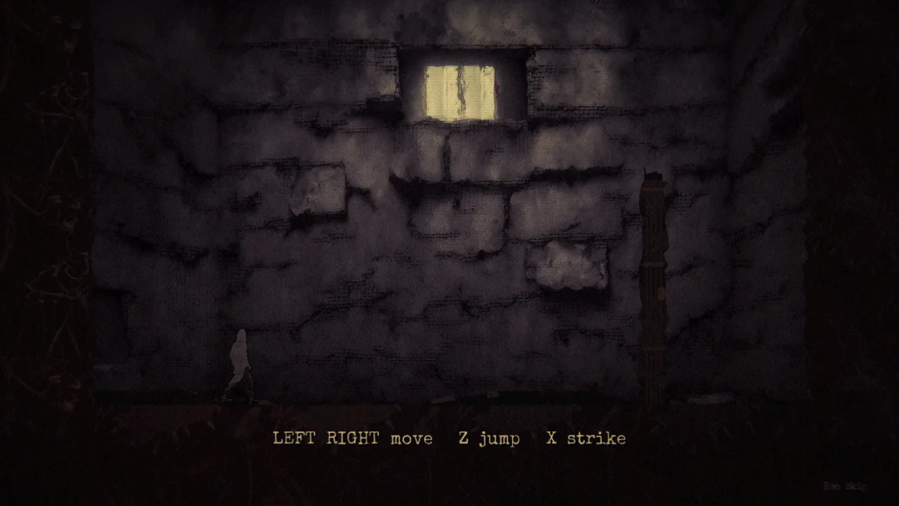 A figure in a dark stone prison cell beneath a barred window, with the movement controls shown