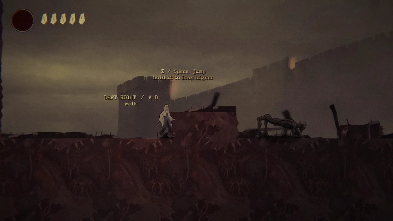 The heroine, a small figure, stands in a ruined waste before a tall city wall, with a health display at top left
