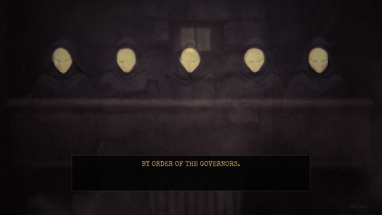 Five hooded governors with pale masks behind a bench: By order of the governors