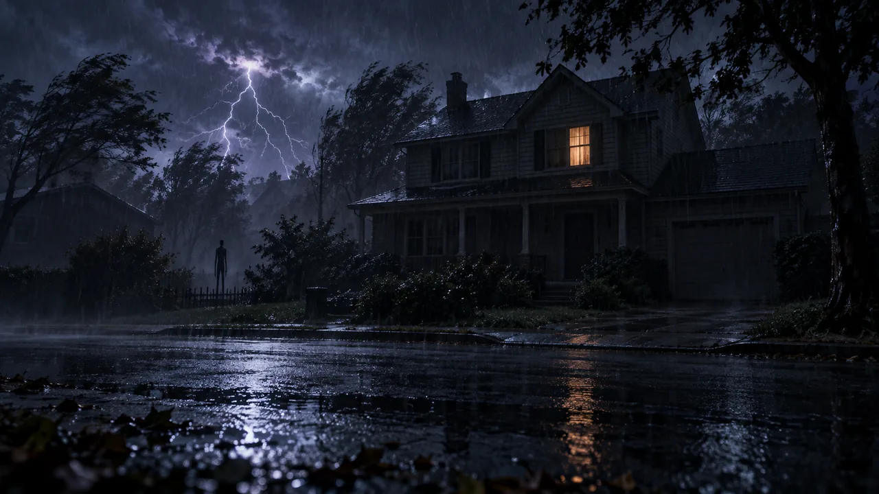 Stay Inside: a suburban house in a thunderstorm, a still figure standing at the edge of the garden