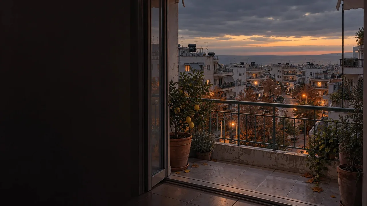 The Years Between: a dark apartment door opening onto a balcony at dusk