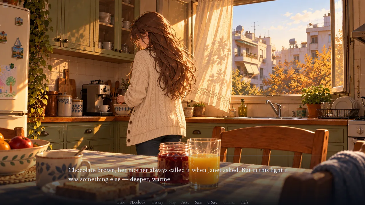 A woman in a cream cardigan in a sunlit apartment kitchen