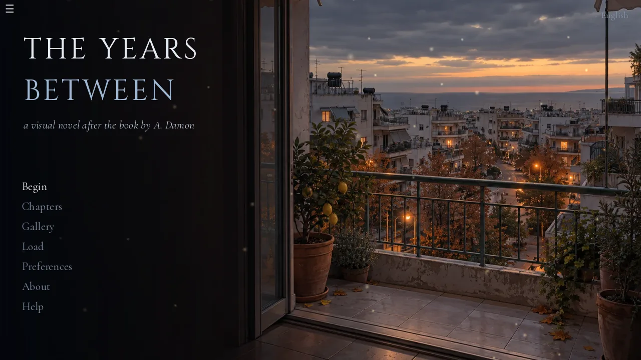 The Years Between main menu: a balcony over a city at dusk