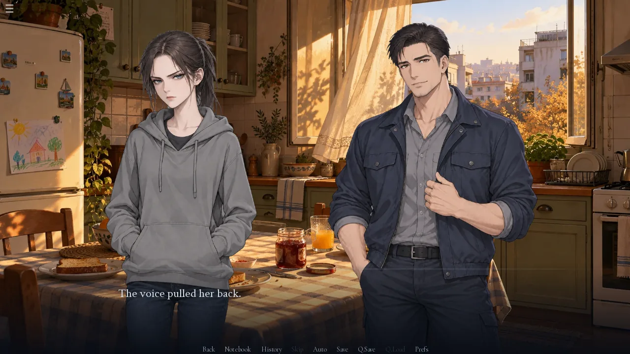 A teenager in a grey hoodie and a man in a work jacket in the sunlit kitchen
